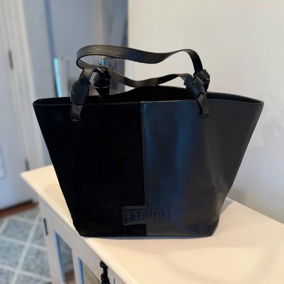 STAUD IDA Tote bag in calf leather and suede black medium large designer classic - Picture 2 of 15